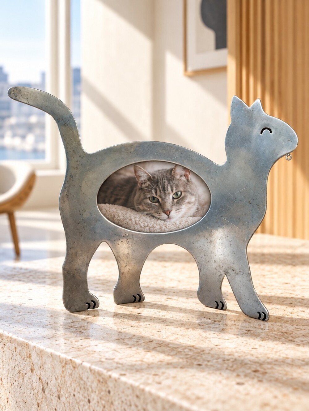 Connoisseur Large Silver Metal Cat Picture Frame 4x6 Freestanding 13"